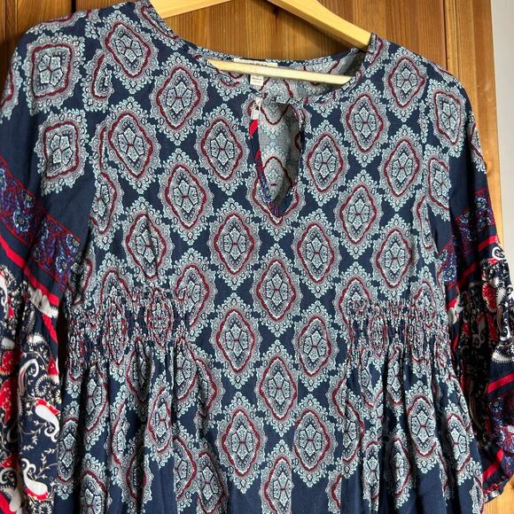 Umgee Bell Sleeve Keyhole Dress Mini Blue Red Women’s Small Hippie 70s Boho - Picture 3 of 8